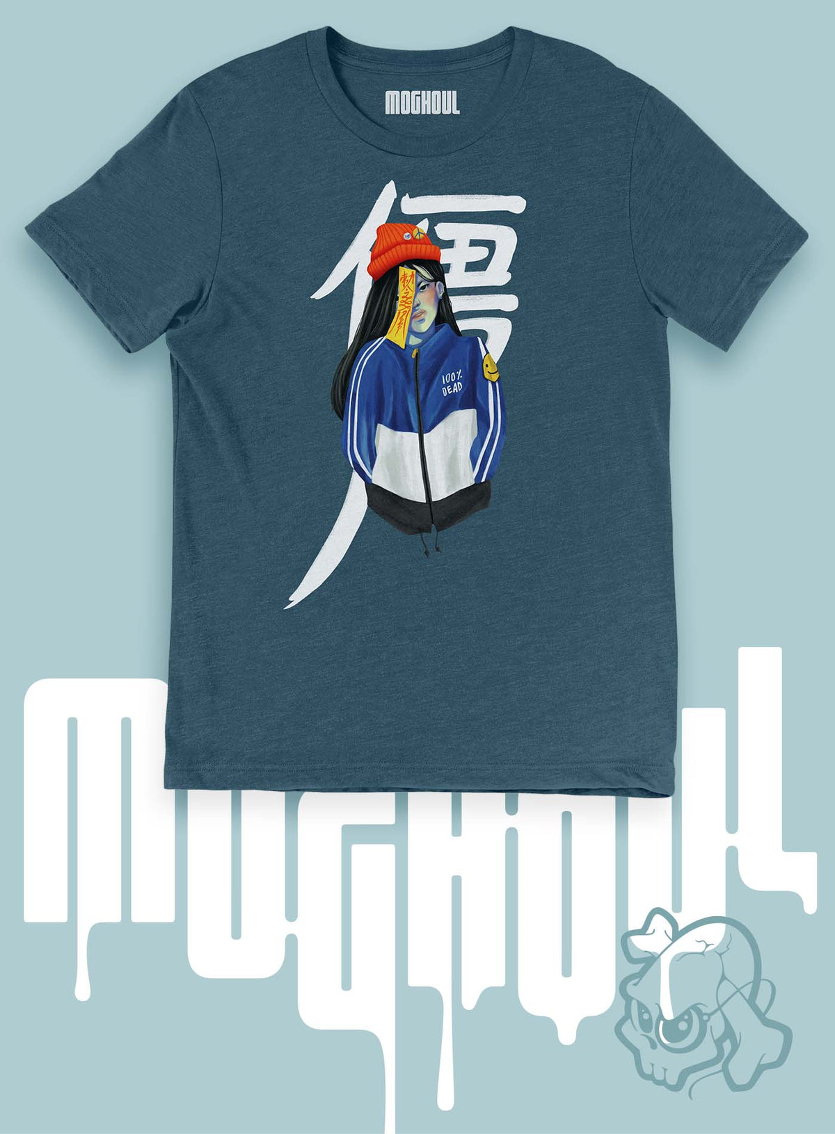 Heather blue unisex t-shirt featuring a front print of a jiangshi Chinese zombie in urban outfit illustrated by Aiken Lao.