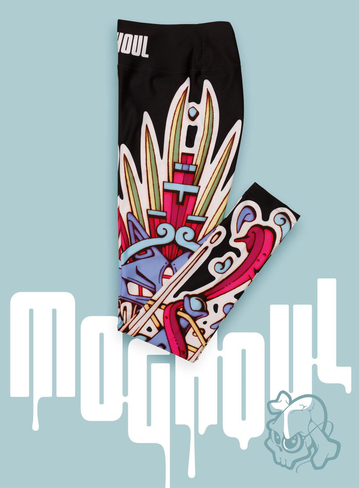 All over dye sublimation leggings featuring a print of the Toltec and Aztec coyote deity illustrated by G.M. Meave.