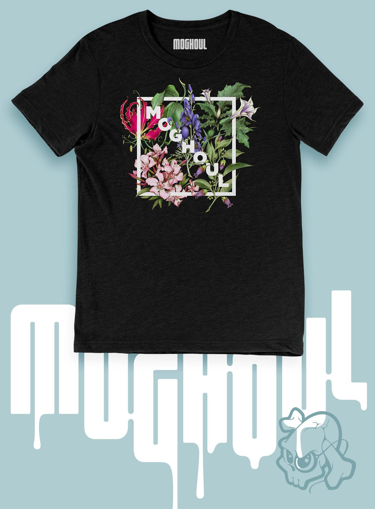 Heather black unisex t-shirt featuring white Moghoul logo surrounded by poisonous flowers such as oleander, fire lily, belladonna and toloache.
