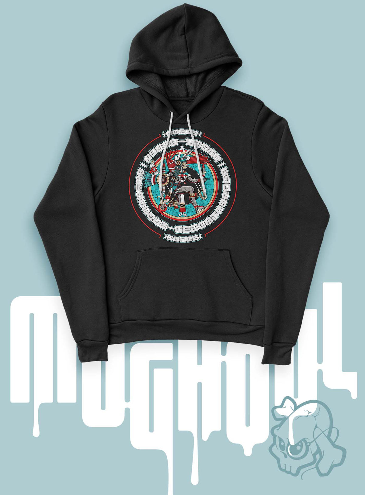 Woman Black unisex hoodie featuring a front print of the toltec-aztec god Yayauhqui-Tezcatlipoca also known as Necoc-yaotl. Reinterpretation by Mexican illustrator G.M. Meave.