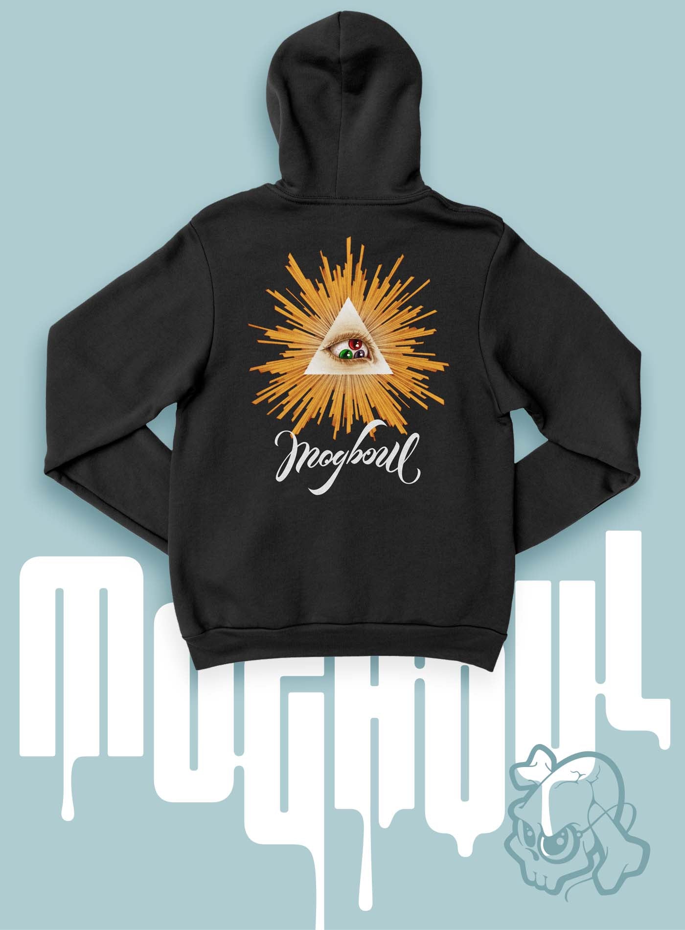 man modeling a black unisex hoodie featuring a back print of a reinterpretation of the Horus pyramid and Moghoul ambigram logo by G.M. Meave.