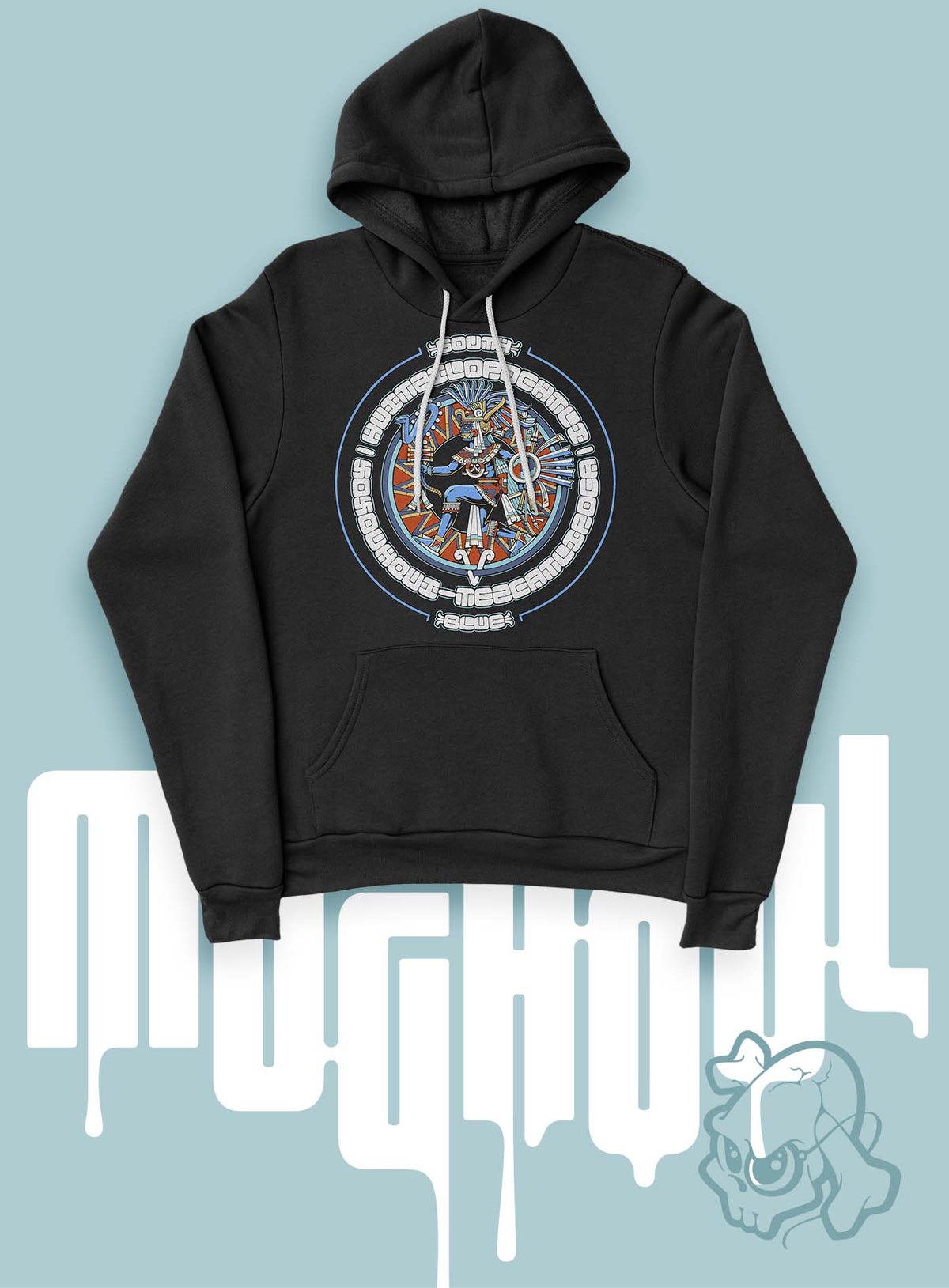 black unisex t-shirt featuring a front print of the toltec-aztec god Tezcatlipoca also known as Huitzilopochtli. Reinterpretation by Mexican illustrator G.M. Meave.