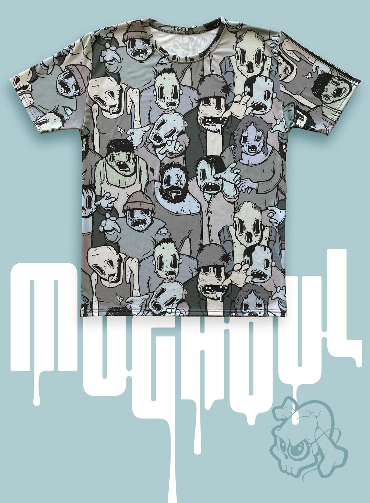 All over dye sublimation t-shirt featuring retro illustrated zombies by Sasha Sidorovich.