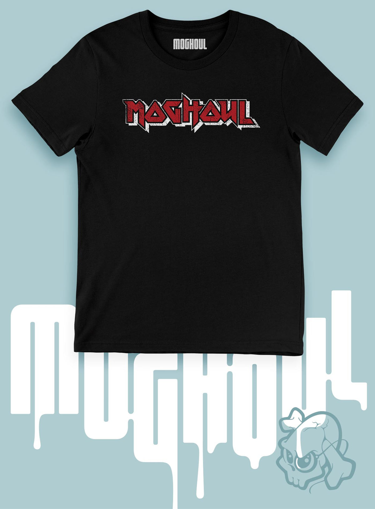 man Heather black unisex t-shirt featuring a front print of the Moghoul logo in vintage 80&#39;s hair-band style.