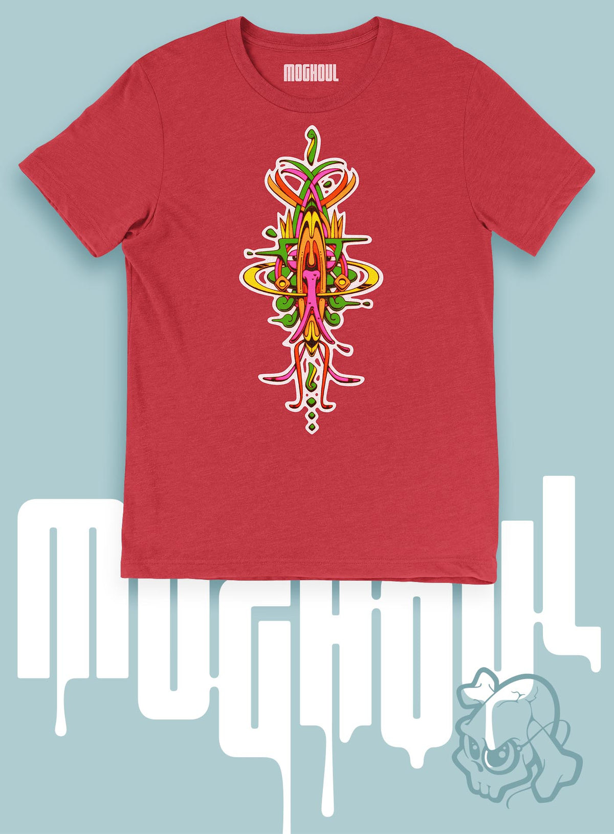 Heather red unisex t-shirt featuring a front print of the Toltec-Aztec hummingbird deity illustrated by G.M. Meave.