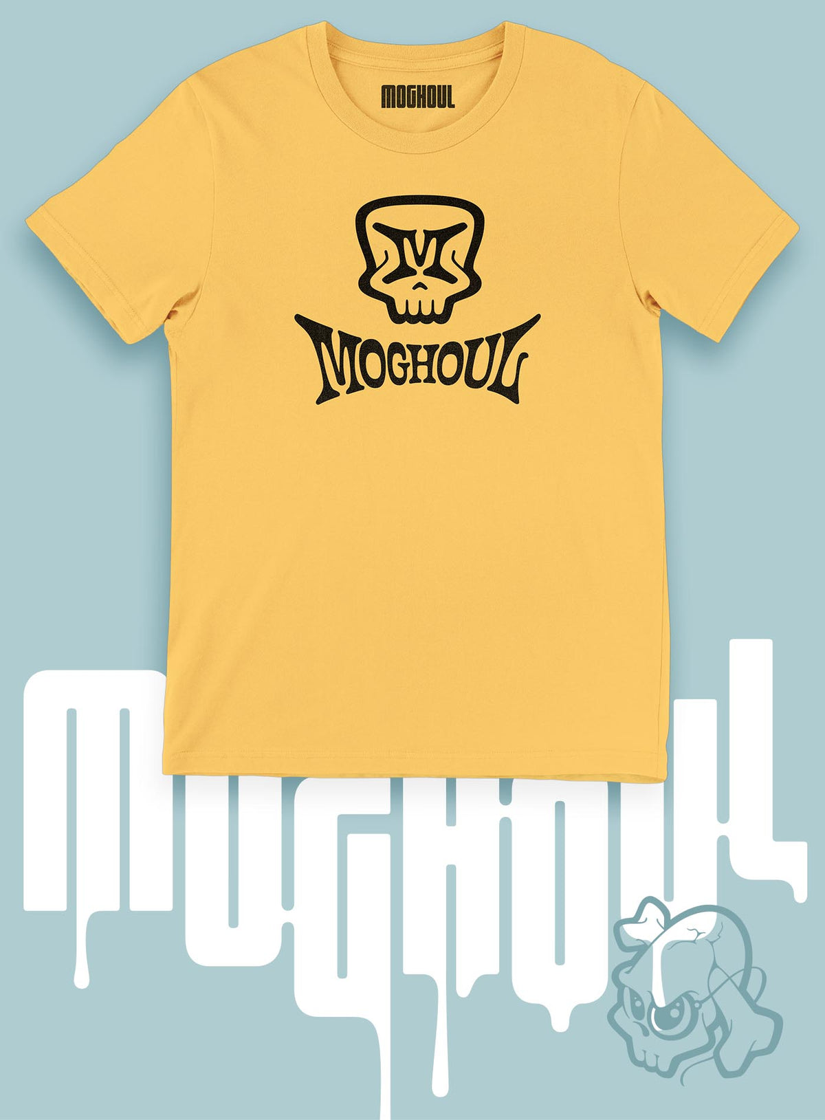 Yellow unisex t-shirt featuring a front print of the Mr. M Moghoul logo by G.M. Meave.