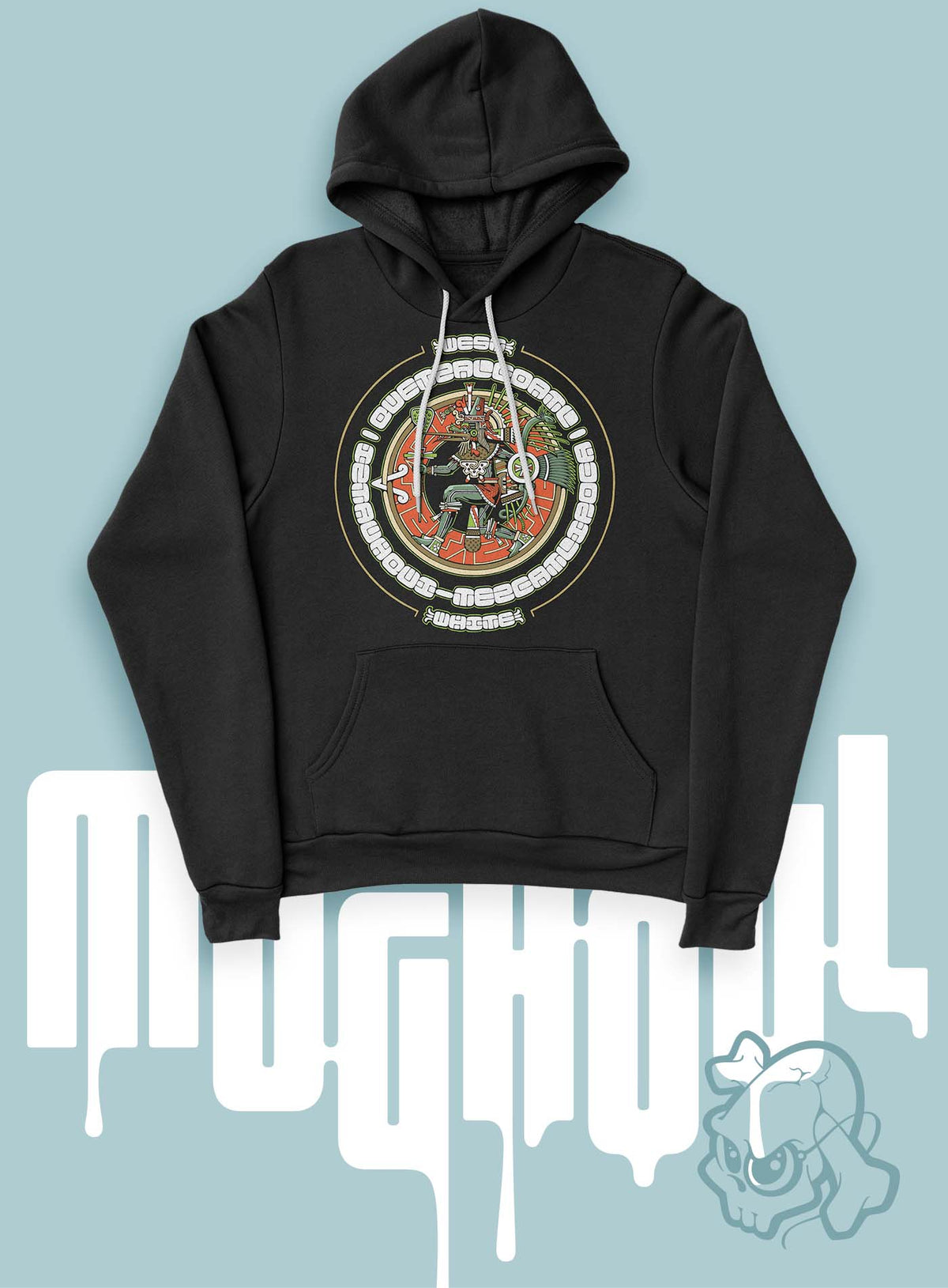 Black unisex hoodie featuring a front print of the toltec-aztec god Tezcatlipoca also known as Quetzalcoatl. Reinterpretation by Mexican illustrator G.M. Meave.