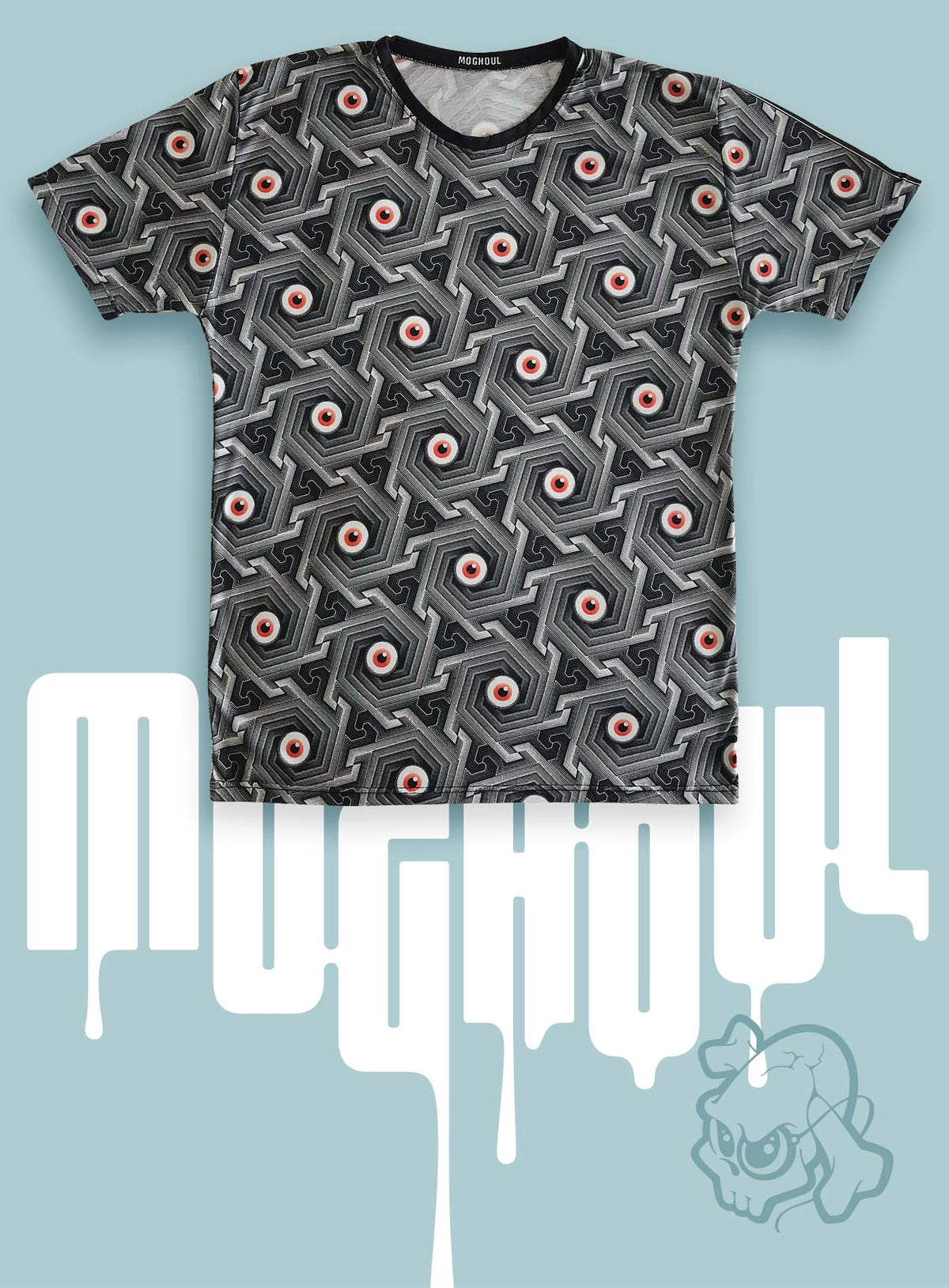All over dye sublimation t-shirt featuring a pattern of red zombie eyes inspired by islamic ornamental art by Topo.