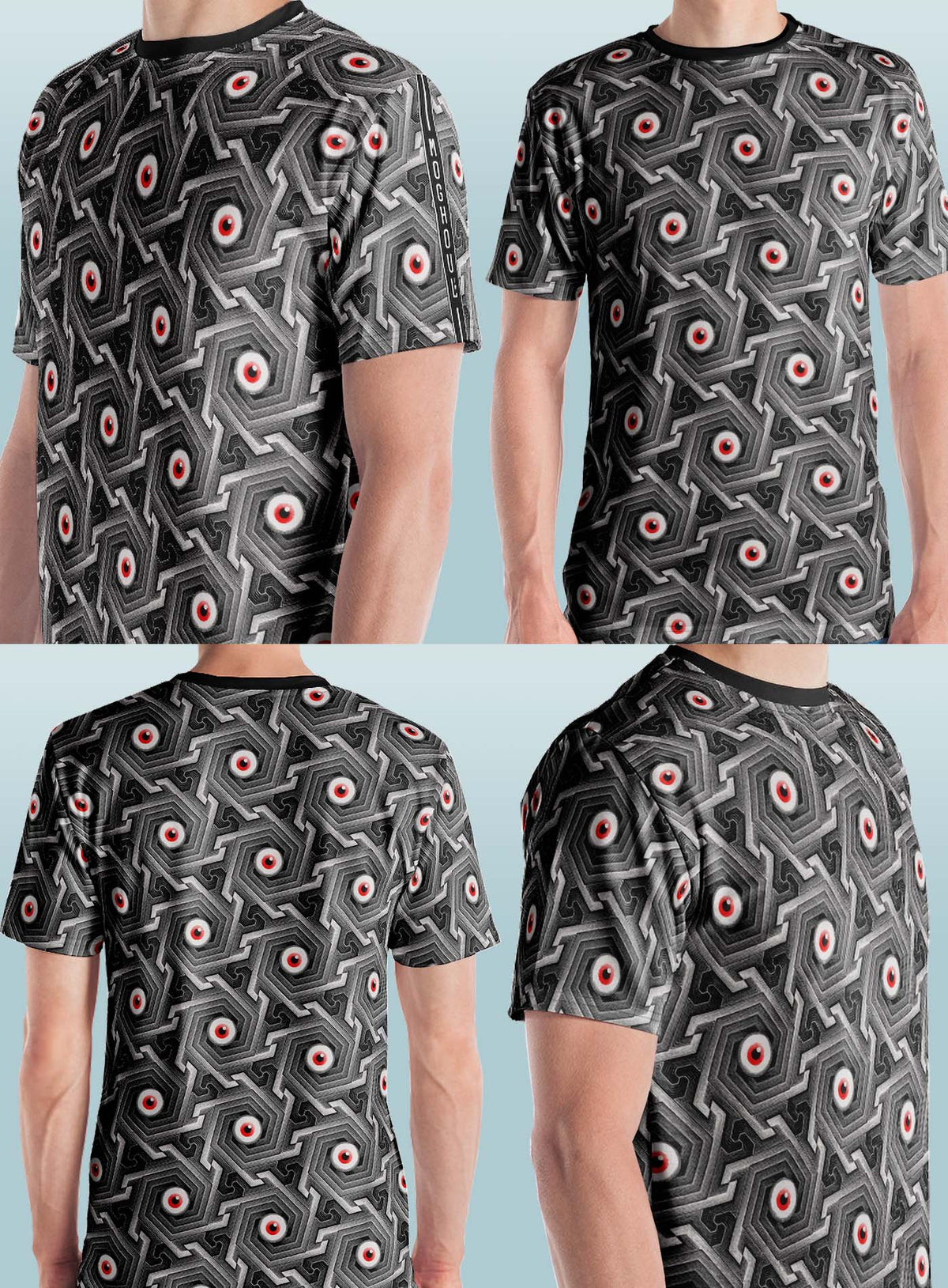 Different views from All over dye sublimation t-shirt featuring a pattern of red zombie eyes inspired by islamic ornamental art by Topo.