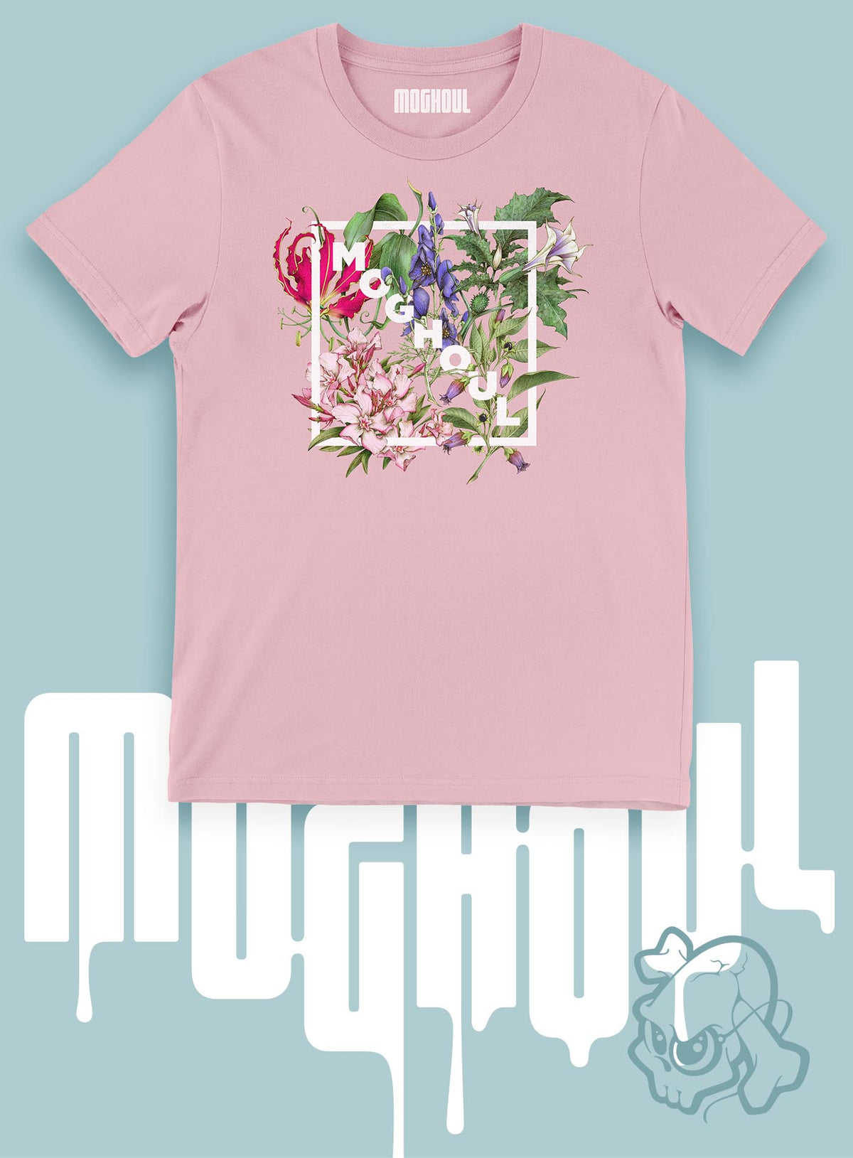 Pink unisex t-shirt featuring white Moghoul logo surrounded by poisonous flowers such as oleander, fire lily, belladonna and toloache.