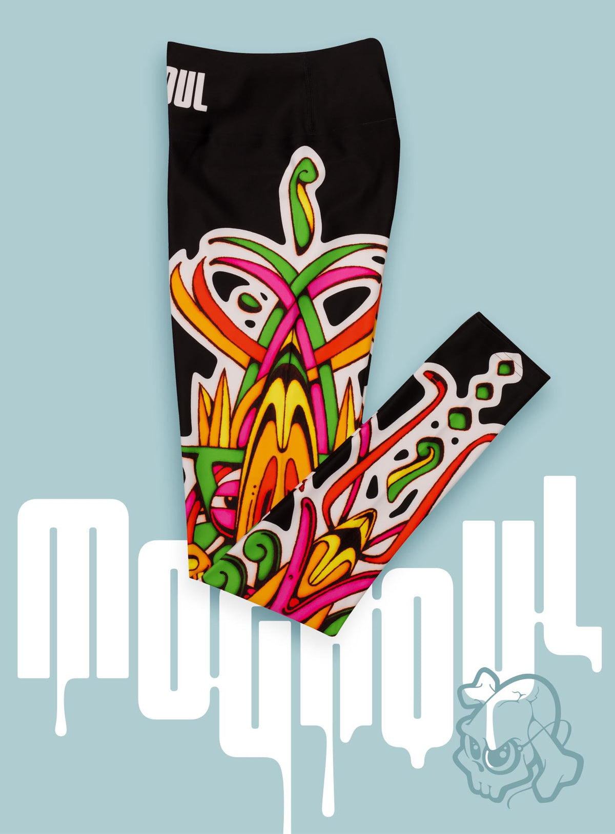 All over dye sublimation leggings featuring a front print of the Toltec-Aztec hummingbird deity illustrated by G.M. Meave.