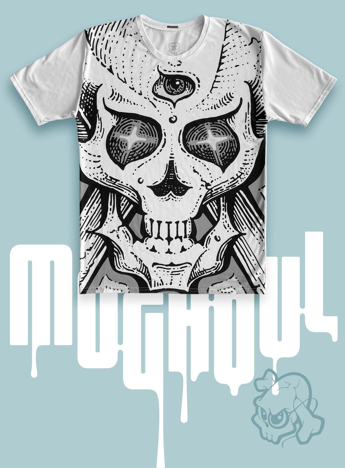 All over dye sublimation t-shirt featuring a front print of a three-bone alien Jolly Roger pirate illustration by G.M. Meave.