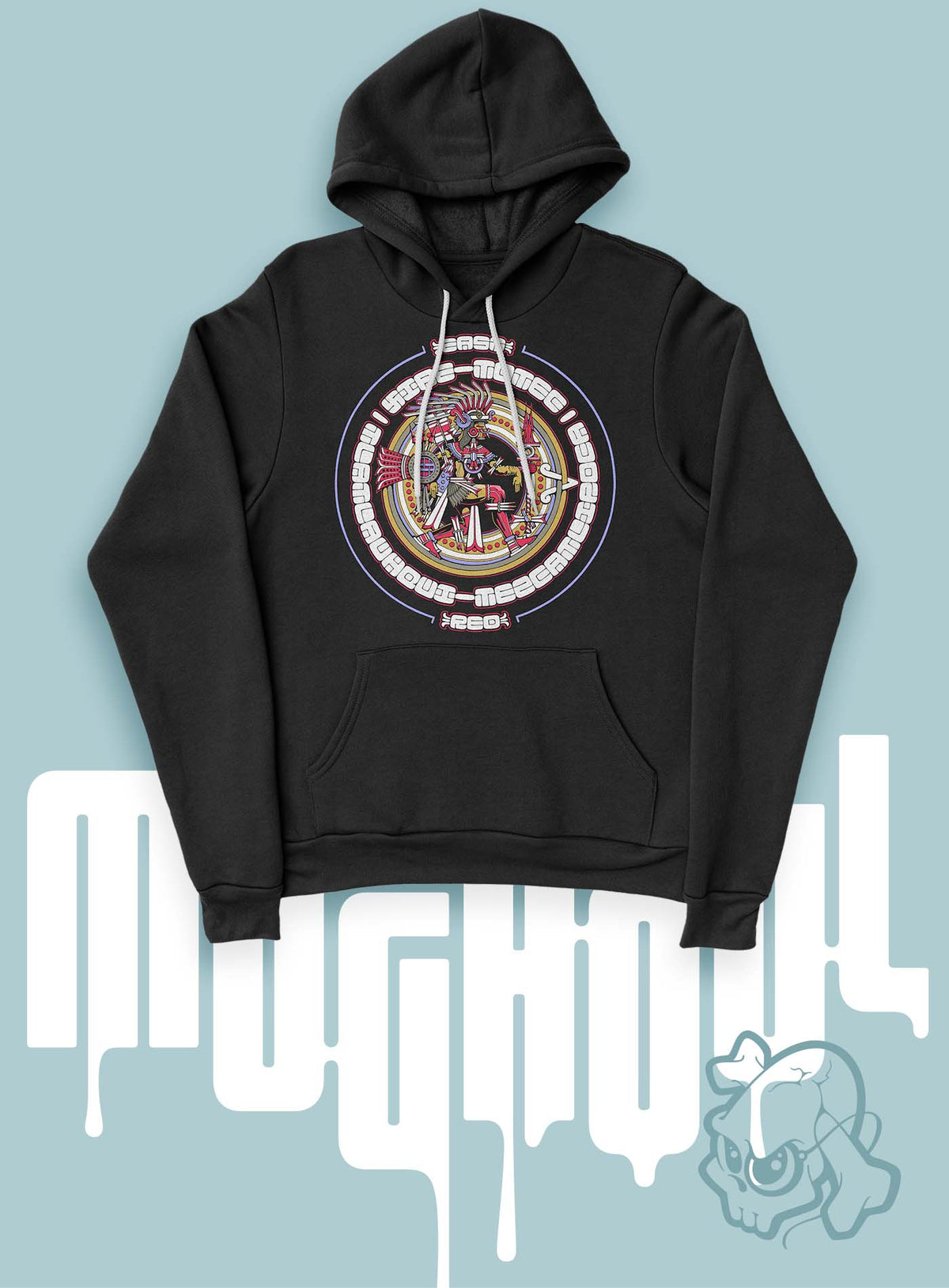 Black unisex hoodie featuring a front print of the toltec-aztec god Tlatlauhqui-Tezcatlipoca also known as Xipe-Totec. Reinterpretation by Mexican illustrator G.M. Meave.