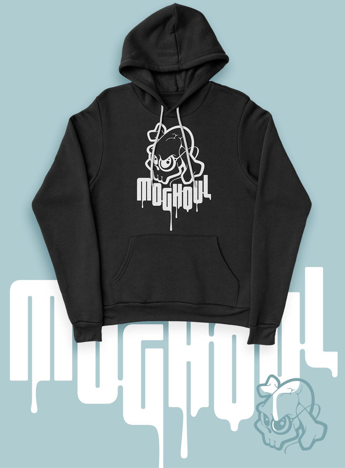 Woman Black unisex hoodie featuring a white woman Mr. Shade Moghoul logo by G.M. Meave.