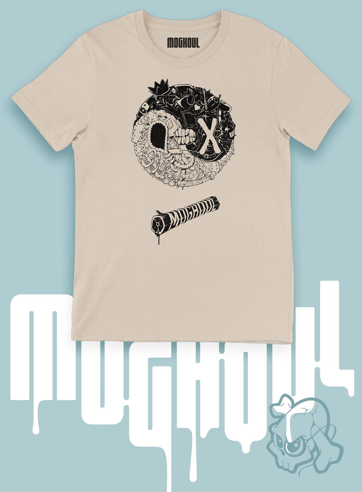 Heather beige unisex t-shirt featuring a front print of a reinterpretation of the yin yang by Belarusian artist Sasha Sidorovich.