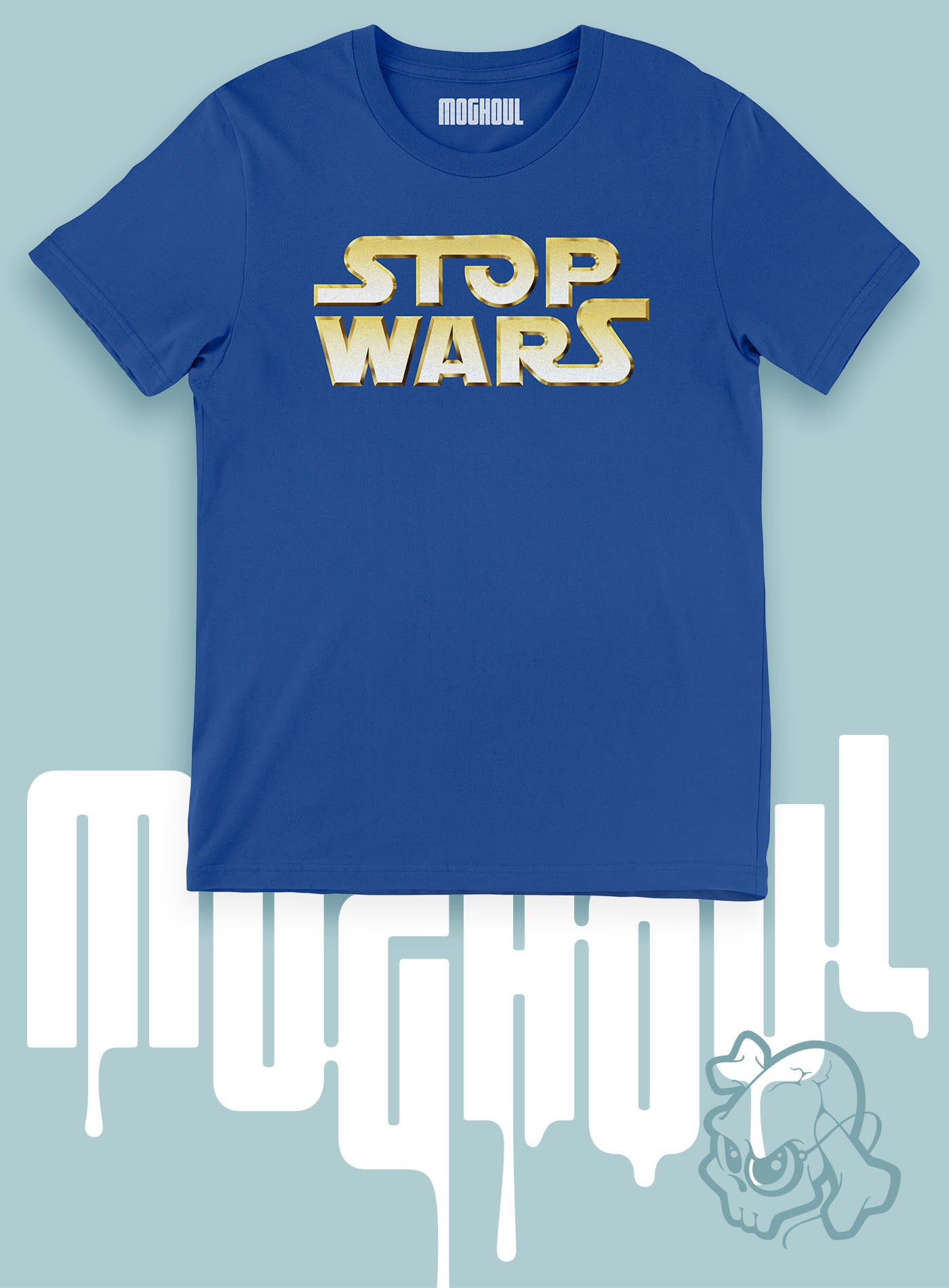 man royal blue unisex t-shirt featuring a front print demanding to stop wars