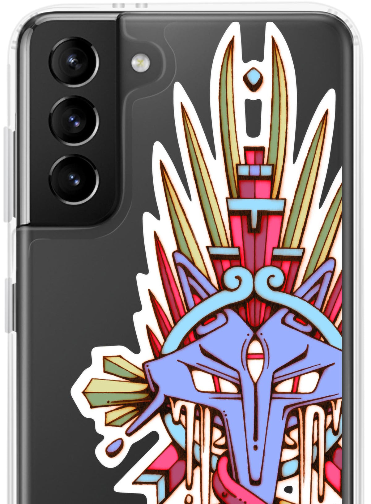 Detail of Samsung case featuring a front print of the Toltec and Aztec coyote deity illustrated by G.M. Meave.