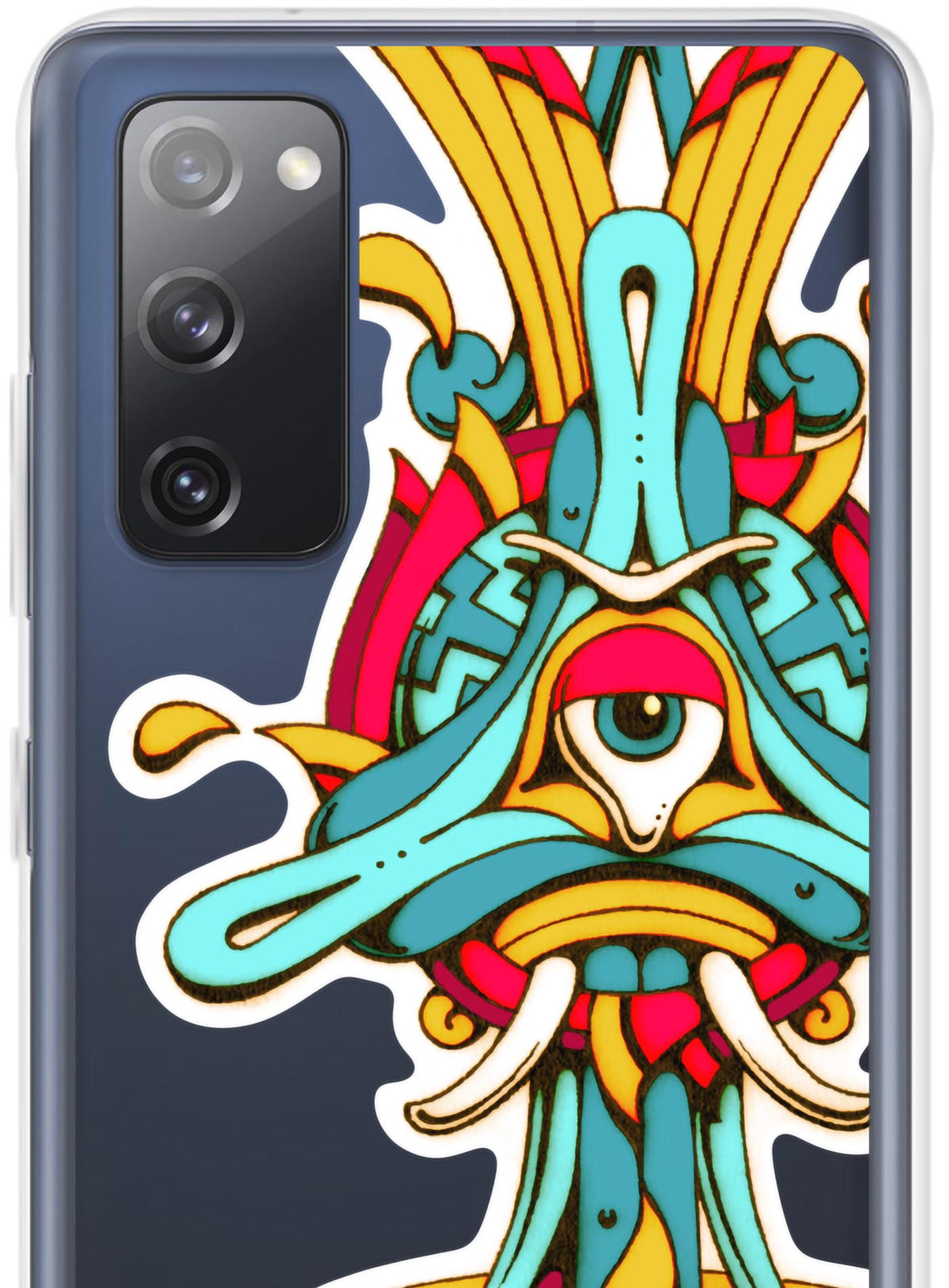 Detail of Samsung case featuring a front print of the Toltec-Aztec goddess of grass illustrated by G.M. Meave
