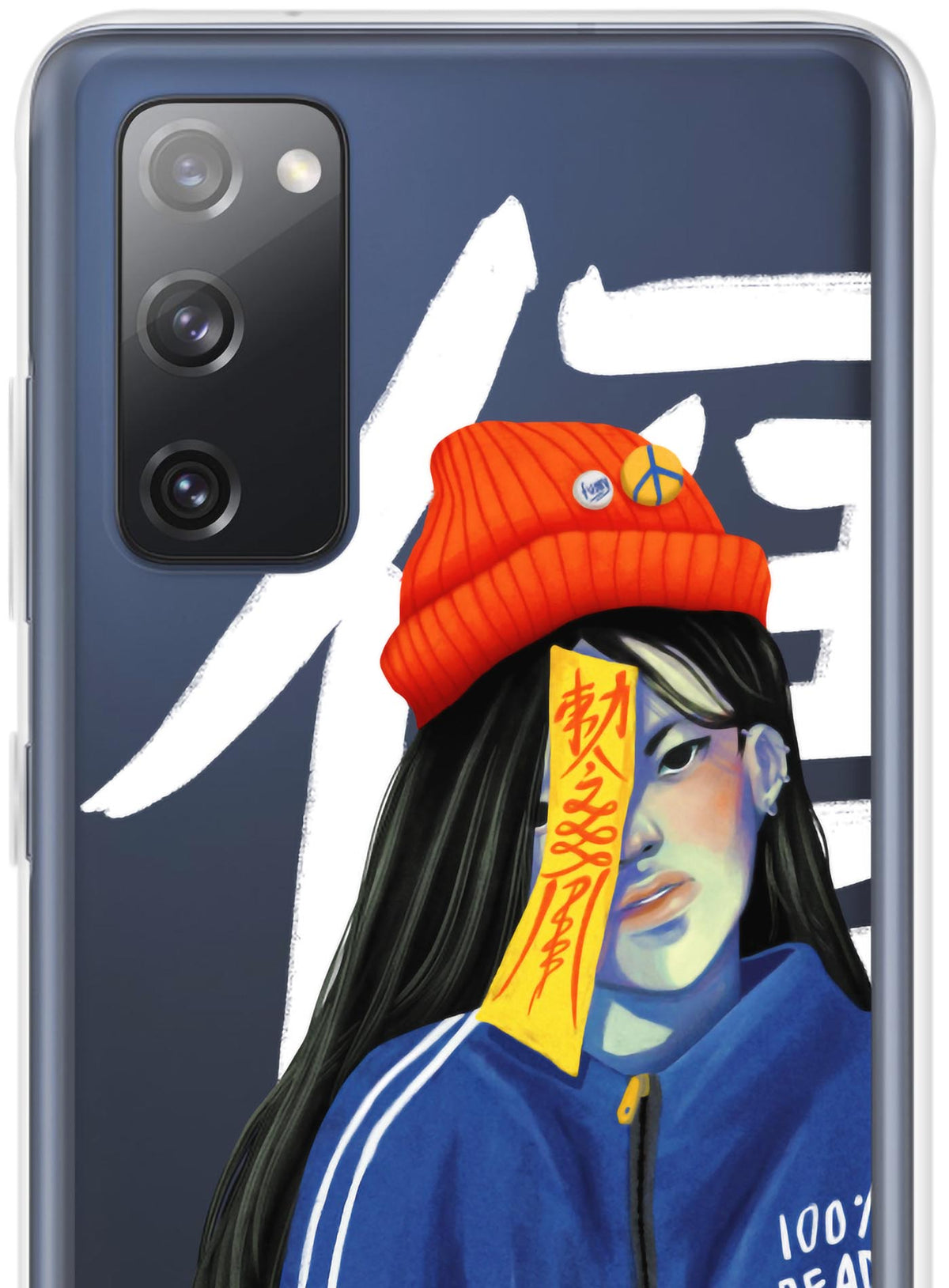 Detail of Samsung case featuring a front print of a jiangshi Chinese zombie in urban outfit illustrated by Aiken Lao.