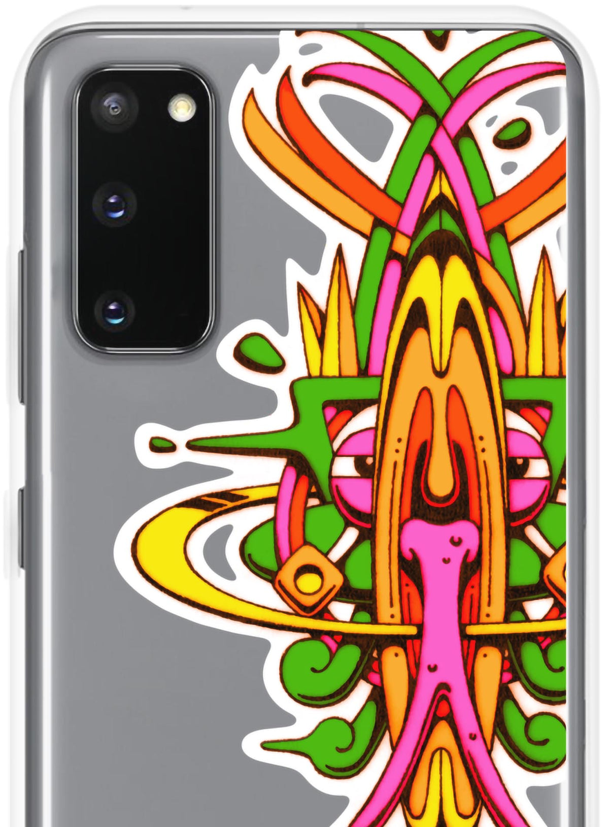 Detail of Samsung case featuring a front print of the Toltec-Aztec hummingbird deity illustrated by G.M. Meave.