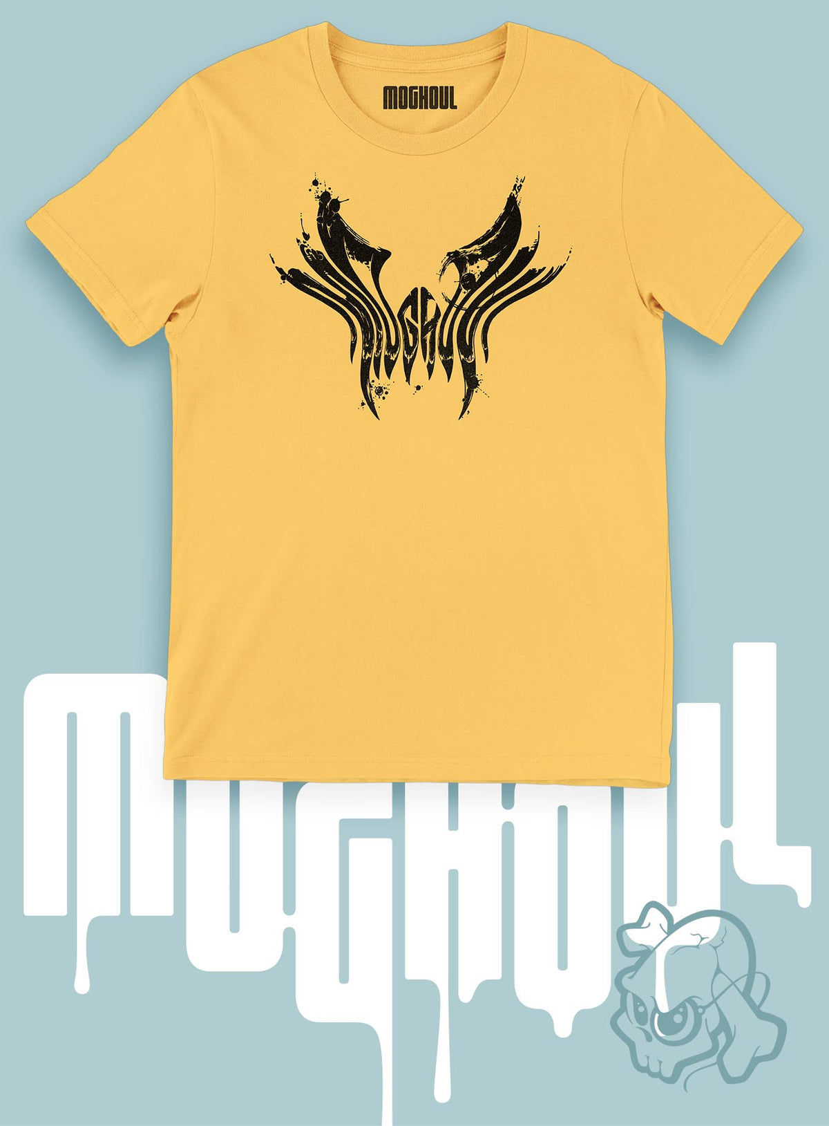 Yellow unisex t-shirt featuring a front print of the black Mr. Splatter Moghoul logo by Sasha Sidorovich