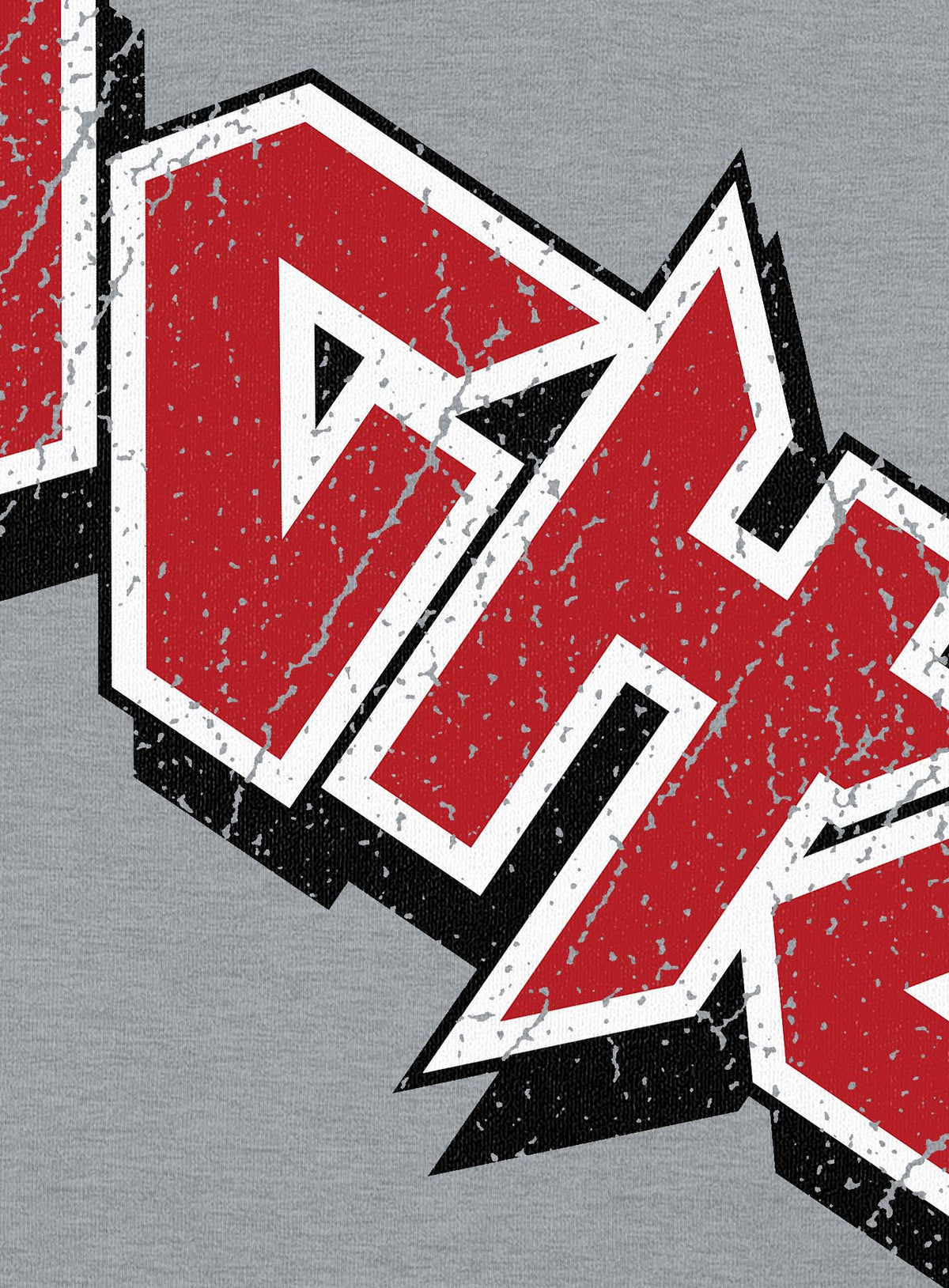 Detail of 3/4 sleeves raglan t-shirt featuring a front print of the Moghoul logo in vintage 80&#39;s hair-band style.