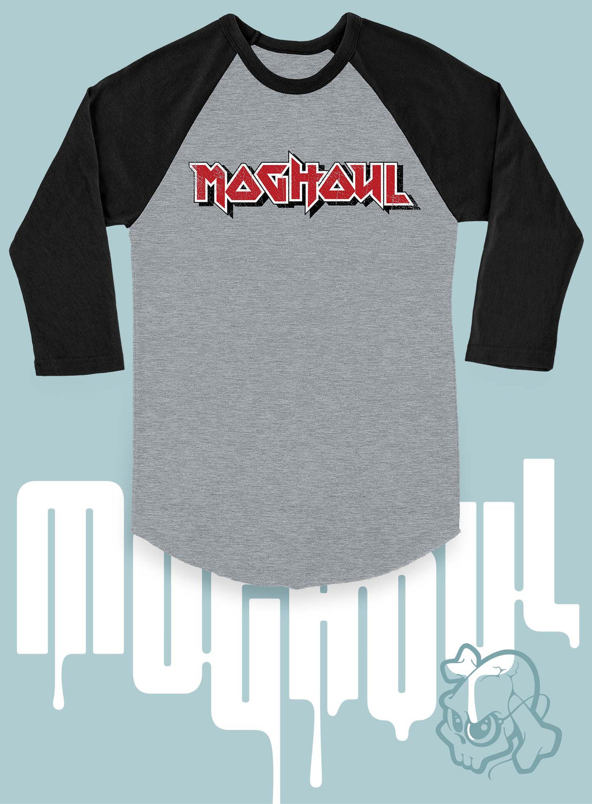 3/4 sleeves raglan t-shirt featuring a front print of the Moghoul logo in vintage 80&#39;s hair-band style.