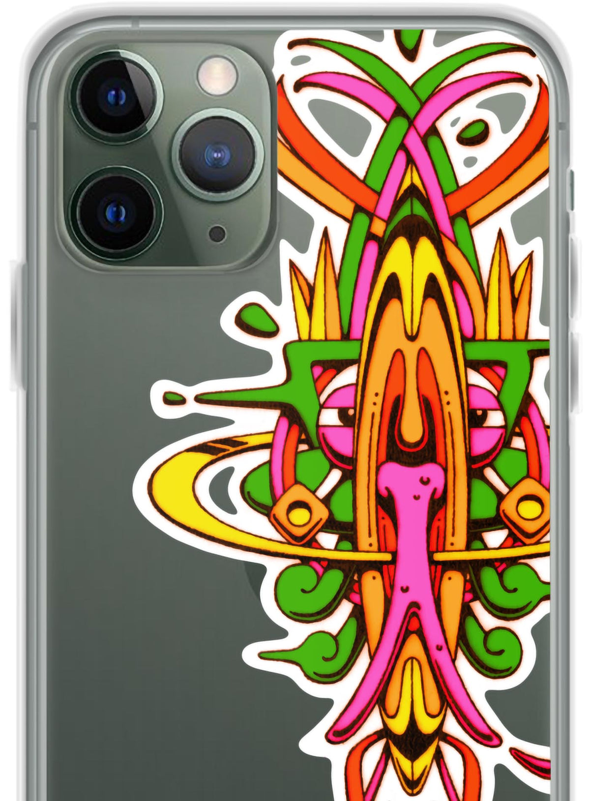 detail of iphone case featuring a front print of the Toltec-Aztec hummingbird deity illustrated by G.M. Meave.