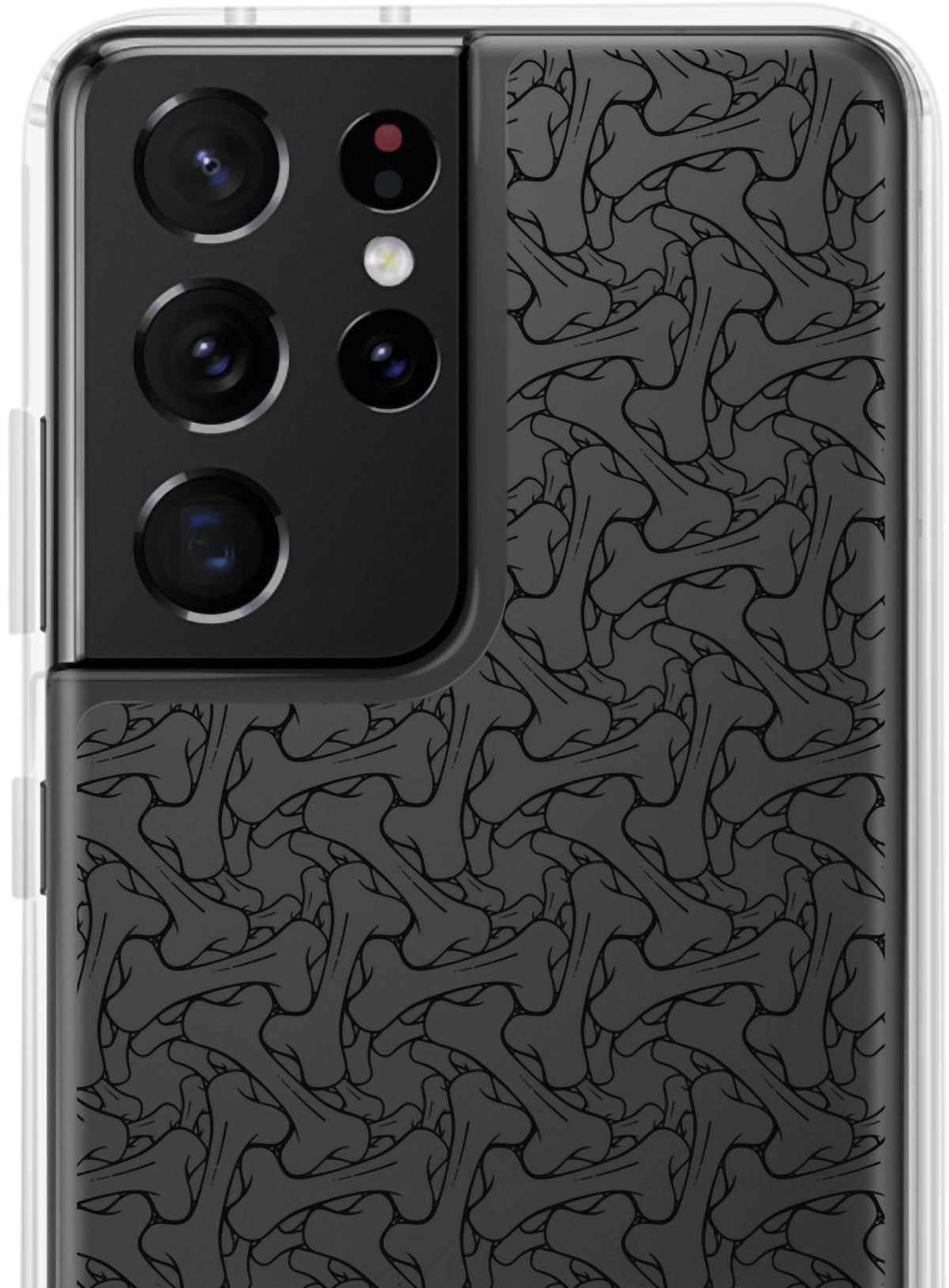 Detail of Samsung case featuring a patter of bones based on Islamic ornamental art in black color.