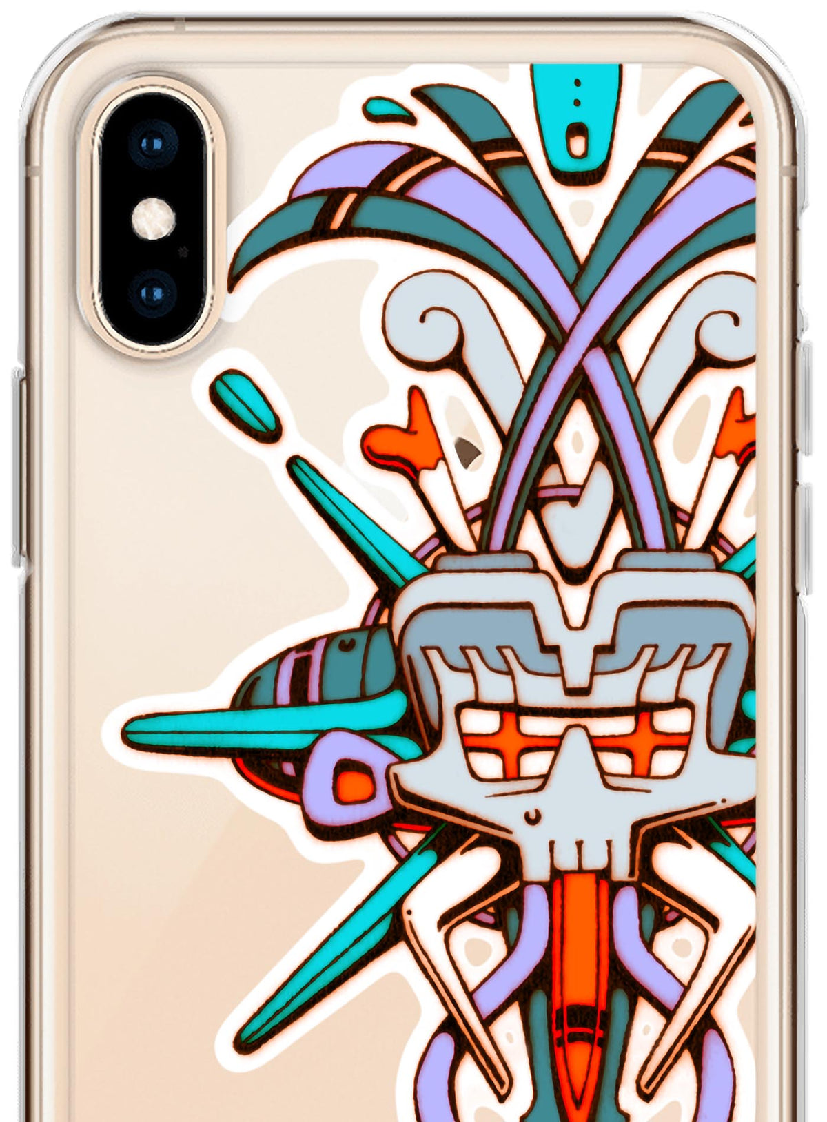 Detail of iPhone case featuring a front print of Tzontecotl, the Nahua word for skull, associated with a mask that submerged the wearer into the underworld. illustrated by G.M. Meave.