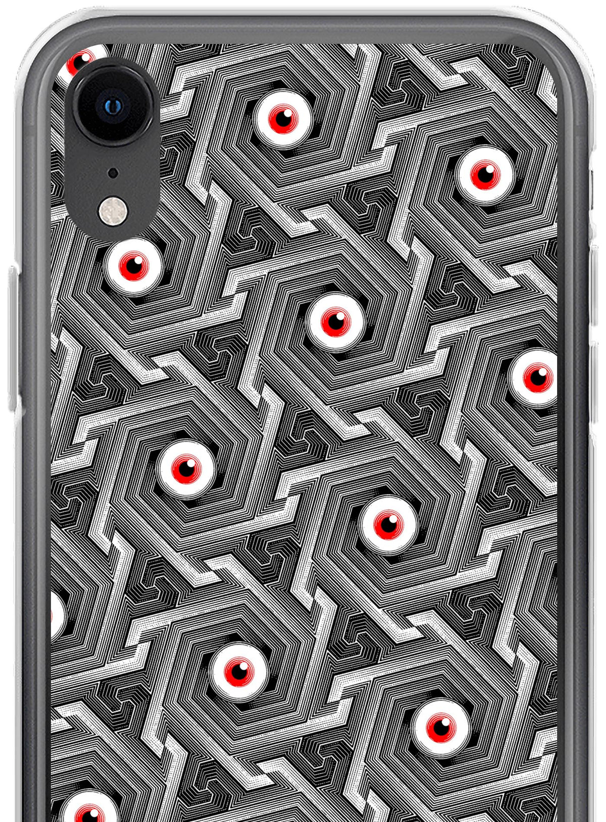 Detail of iPhone case featuring a pattern of red zombie eyes inspired by islamic ornamental art by Topo.