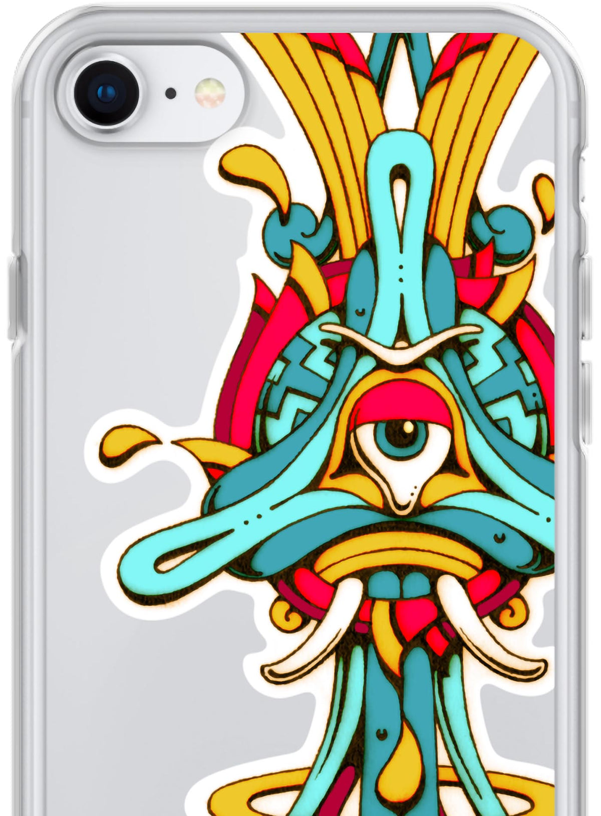 Detail of iPhone case featuring a front print of the Toltec-Aztec goddess of grass illustrated by G.M. Meave