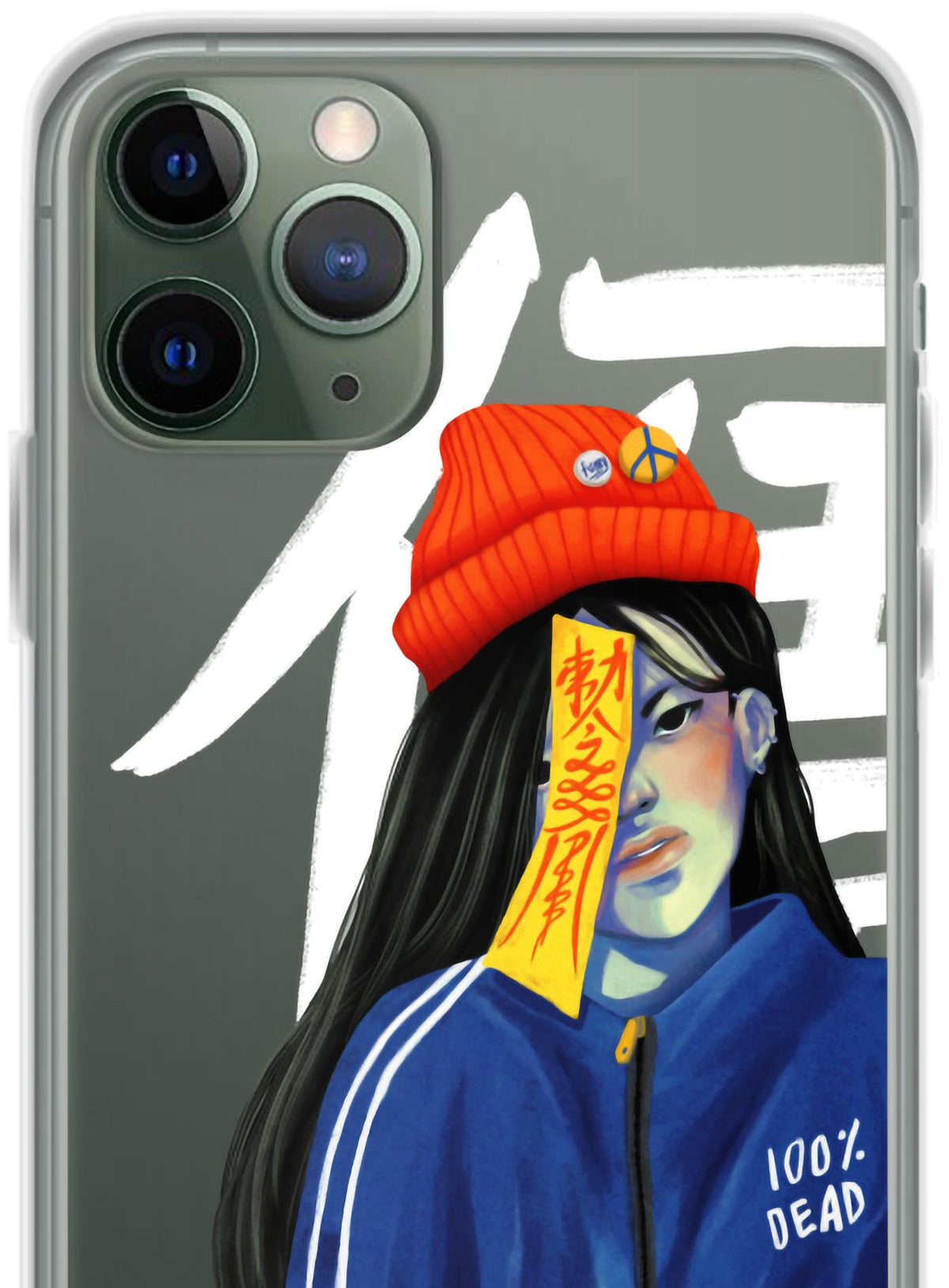 Detail of iphone case featuring a front print of a jiangshi Chinese zombie in urban outfit illustrated by Aiken Lao.