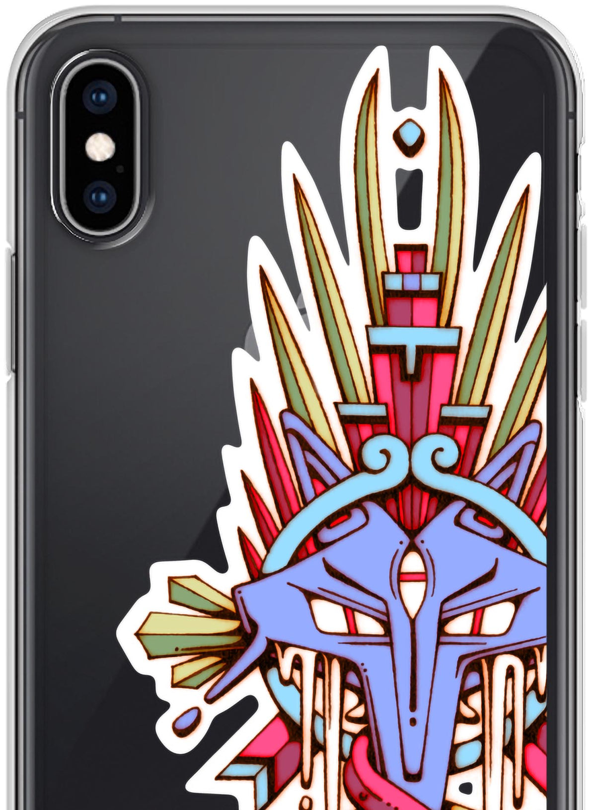 Detail of iPhone case featuring a front print of the Toltec and Aztec coyote deity illustrated by G.M. Meave.