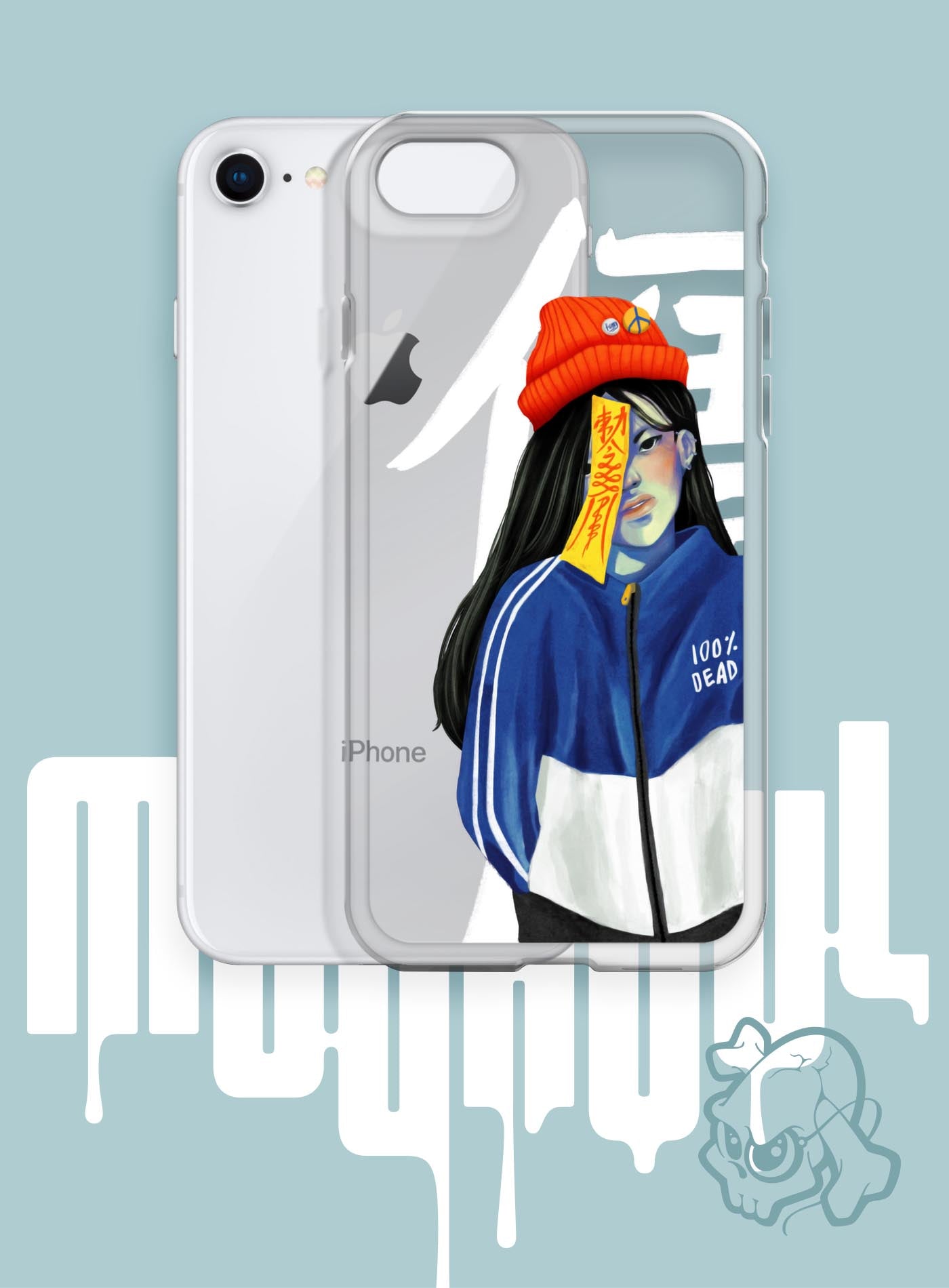 iPhone case featuring a front print of a jiangshi Chinese zombie in urban outfit illustrated by Aiken Lao.