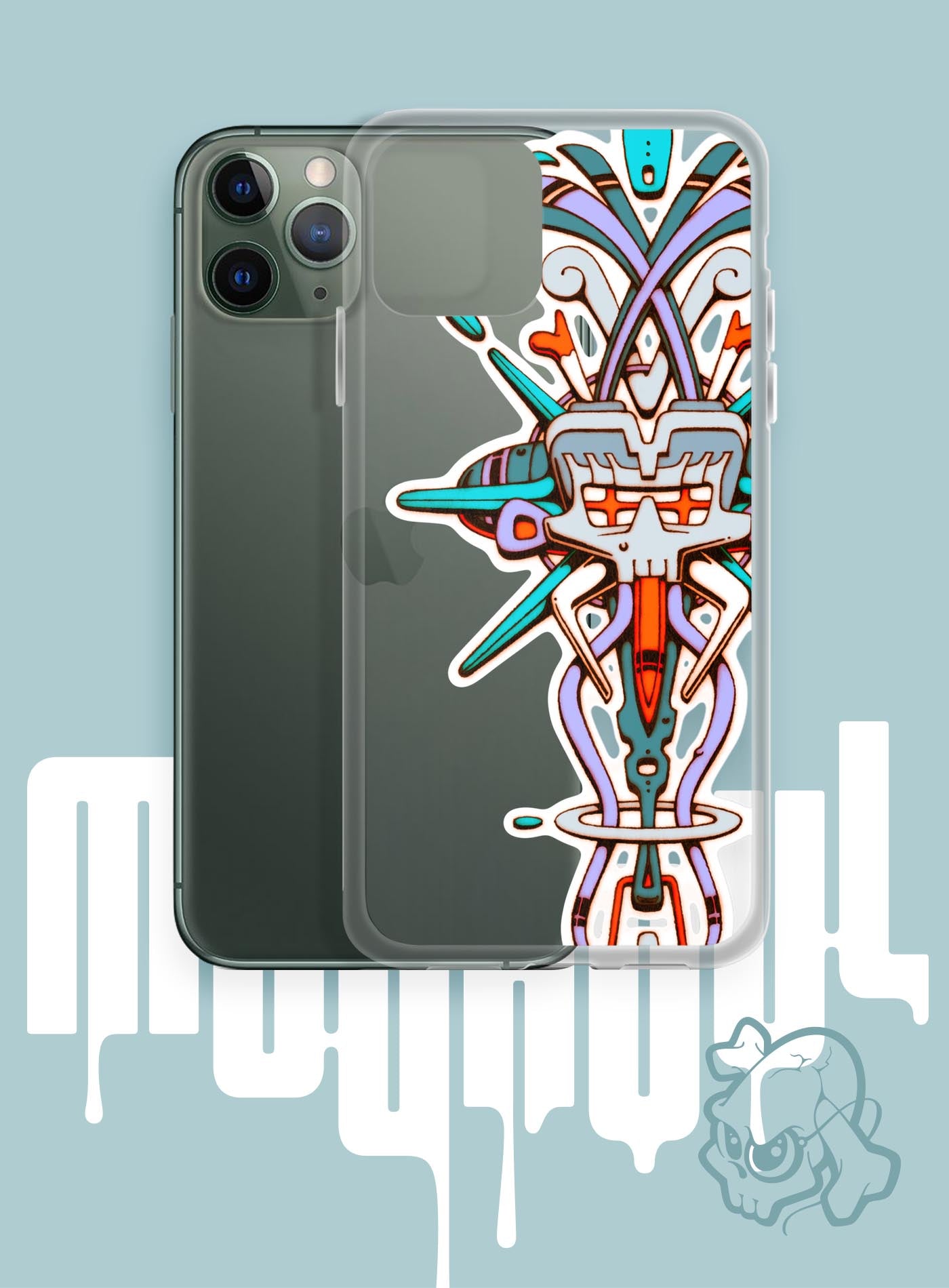 iPhone case featuring a front print of Tzontecotl, the Nahua word for skull, associated with a mask that submerged the wearer into the underworld. illustrated by G.M. Meave.