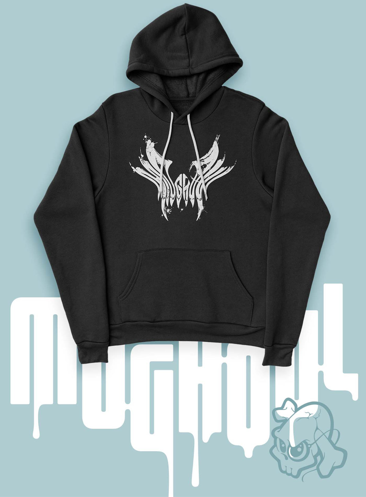 Woman Black unisex hoodie featuring a front print of the black Mr. Splatter Moghoul logo by Sasha Sidorovich.