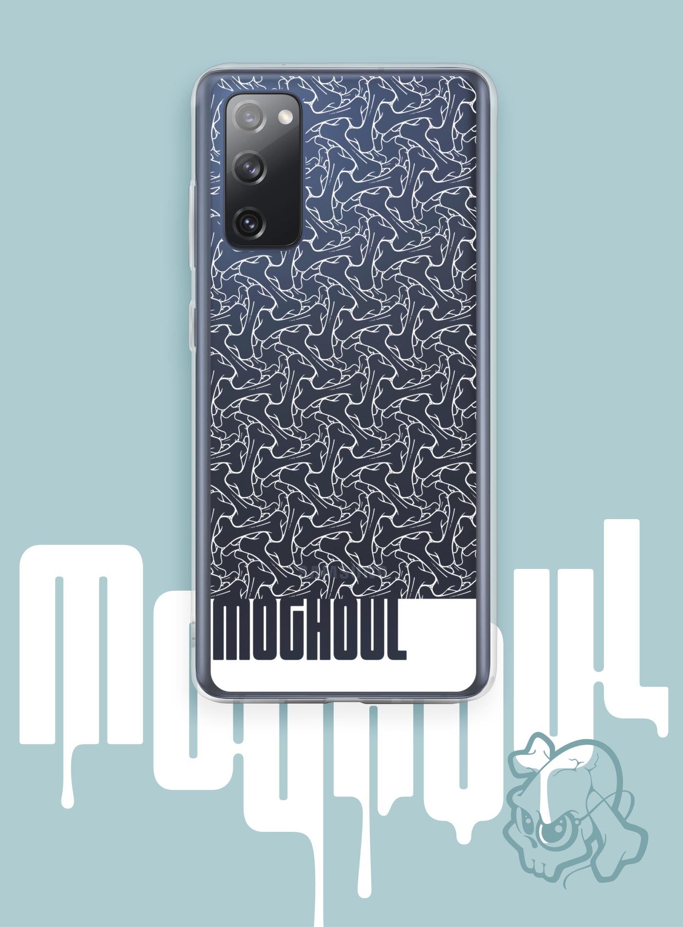 Samsung case featuring a patter of bones based on Islamic ornamental art in white color.