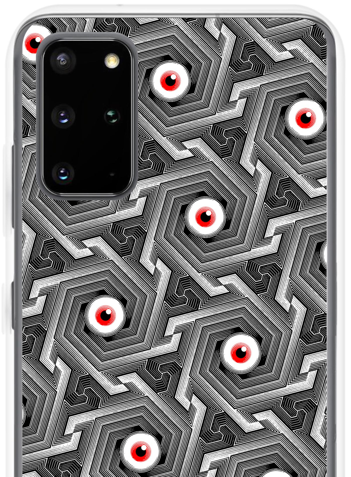 Detail of Samsung phonecase featuring a pattern of red zombie eyes inspired by islamic ornamental art by Topo.