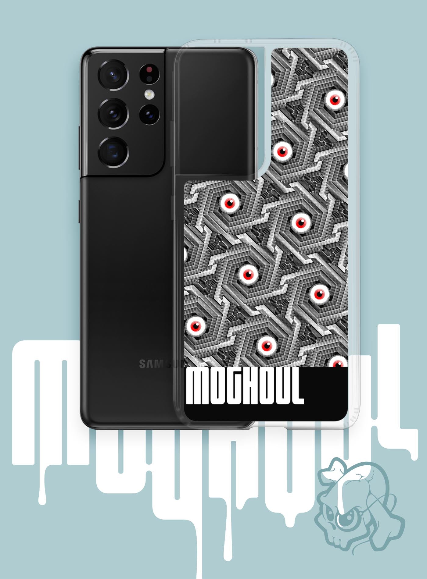 Samsung phonecase featuring a pattern of red zombie eyes inspired by islamic ornamental art by Topo.