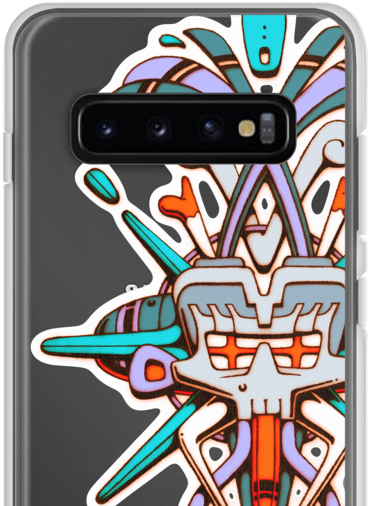 Detail of Samsung phone case featuring a front print of Tzontecotl, the Nahua word for skull, associated with a mask that submerged the wearer into the underworld. illustrated by G.M. Meave.