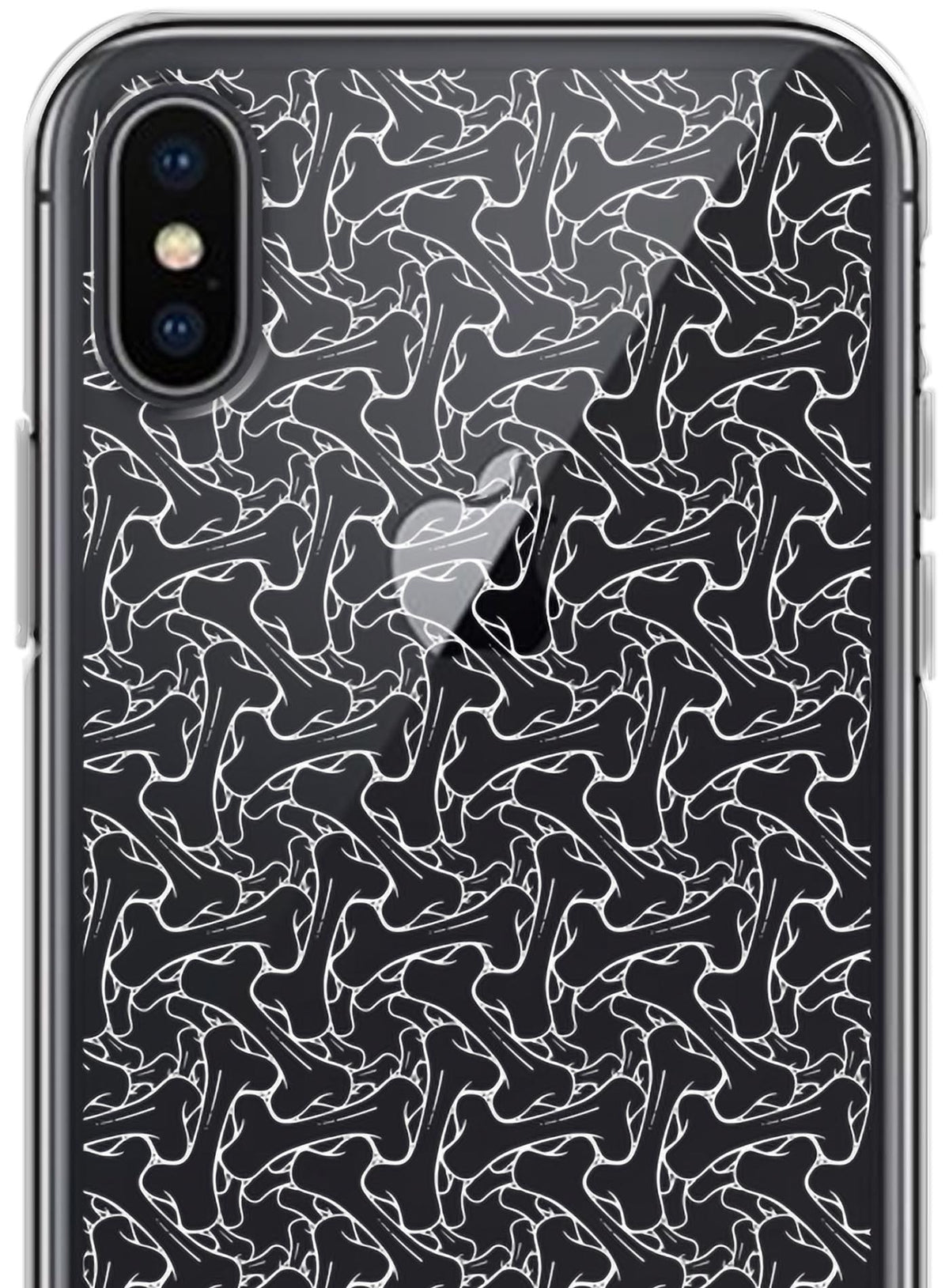 Detail of iPhone case featuring a patter of bones based on Islamic ornamental art in white color.